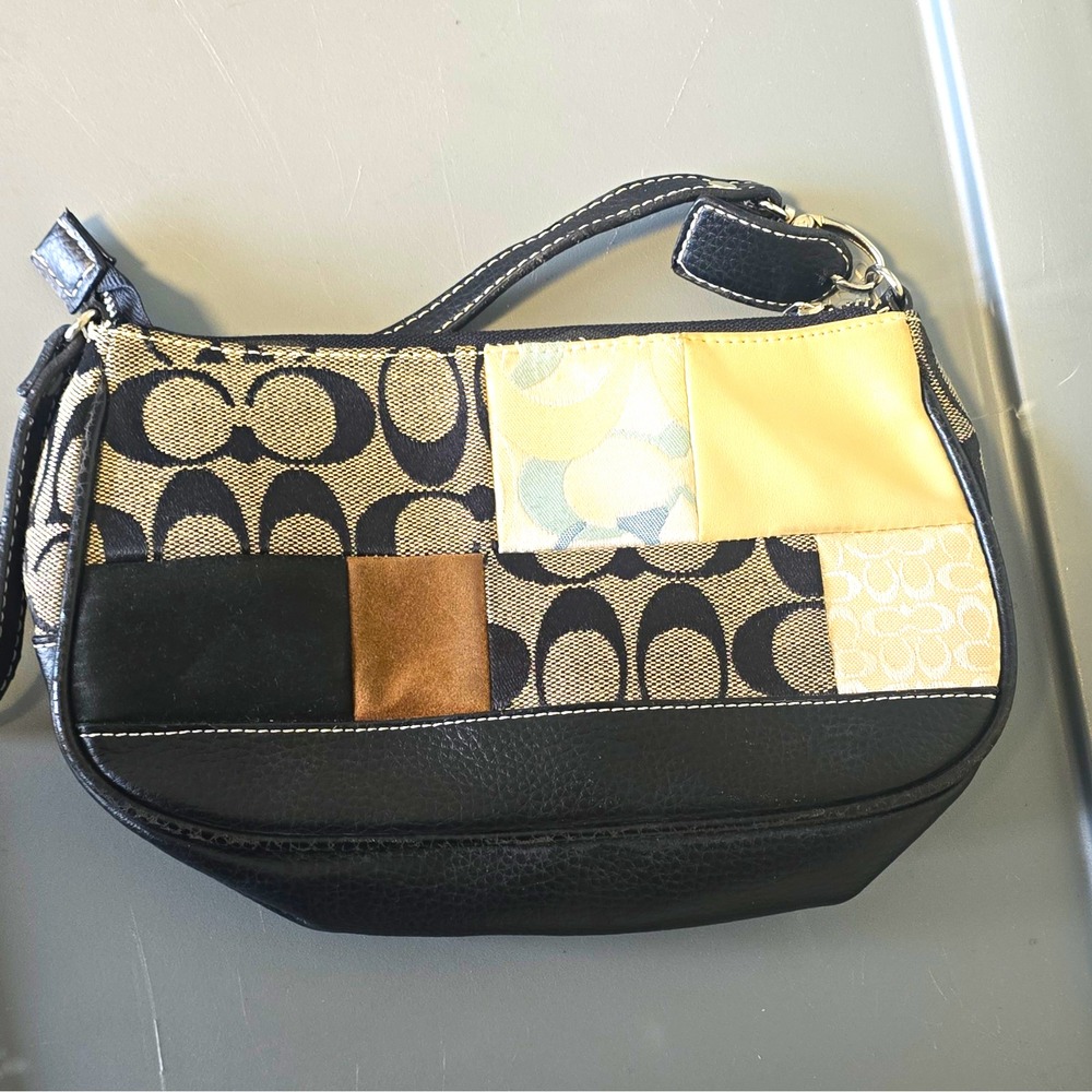 Coach Signature Patchwork Shoulder Bag Zip, Black/Beige/Cream/Brown, Silver